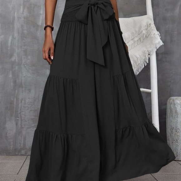 Black Boho Womens Shirred Waist Tie Front Ruffle Hem Wide Leg Pants - Picture 2 of 5